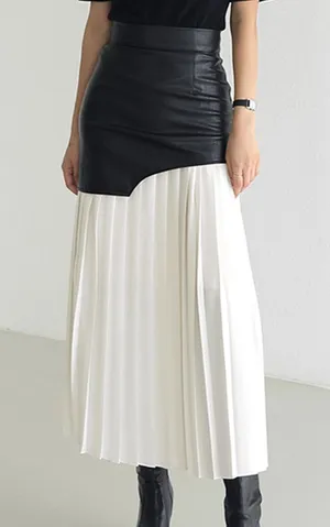 Commense Asymmetric Patchwork Faux Leather Chiffon Pleated Midi Skirt size Xs thumbnail 1