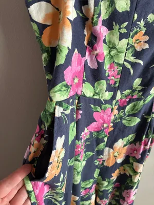 Old Navy Floral Linen Blend Jumpsuit Small Navy Wide Leg Smocked Back thumbnail 5