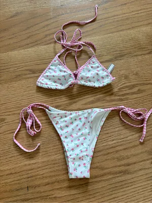 Frankie's Bikinis White Swim Top & Bottom with Pink Gingham Trim thumbnail 1