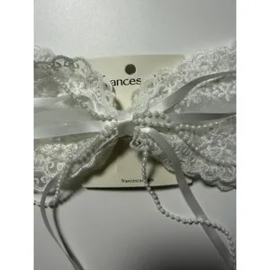 Francescas White Lace Bridal Hair Bow Clip with Faux Pearls and Satin Ribbon thumbnail 2