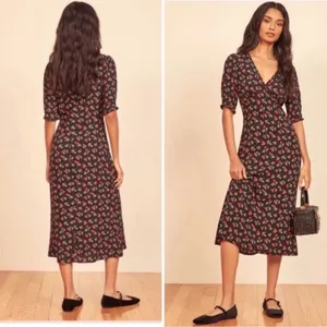Reformation Alia Cherry Print Midi Dress Black V-Neck Ruffle Size 4 thumbnail 2