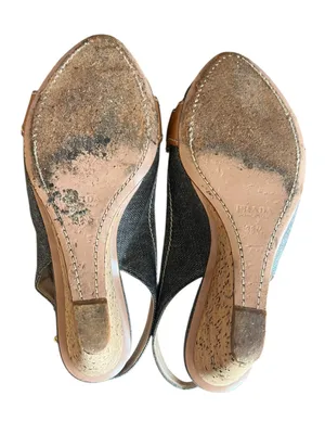 Prada Women’s Peep Toe Denim Cork Leather Bow Wedge Y2K Vintage Heels 38.5 thumbnail 6