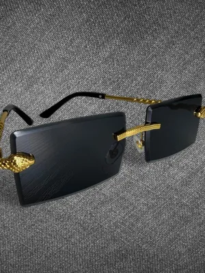 Black Rimless Rectangle Gold Serpent Y2K Sunglasses thumbnail 8