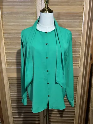 ZARA Green Chiffon Polyester Collared Tie Neck Button Blouse Long Sleeve M thumbnail 12