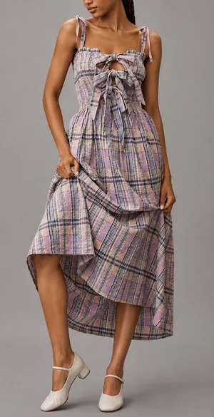 Anthropologie Damson Madder Hettie Seersucker Midi Dress Size 6 Plaid Purple thumbnail 1