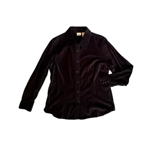 LL Bean Top Womens Size L Black Velvet Long Sleeve Button Up Collar Cotton Vntge thumbnail 2