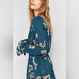 Free People Tuscan Dream Floral Tunic Dress V neck Blouse Teal Long Sleeve Femme thumbnail 5