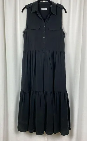 Equipment Femme Black Silk Allix Tiered Button Front Midi Dress Sz.M thumbnail 5