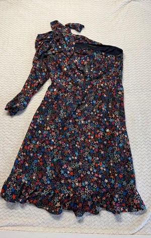 J.Crew Womens One Shoulder Star Print Ruffle Hem Dress Navy Multi Size 4 thumbnail 1