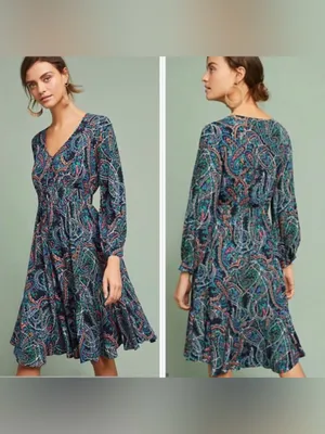 Anthropologie Maeve Maplewood Paisley Long Sleeve V Neck Midi Dress Small thumbnail 2
