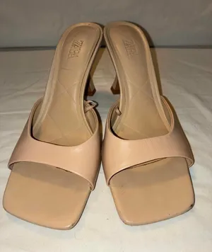 Zara Leather Heeled Mules – Beige Square Toe Slide Sandals Size 38 thumbnail 1