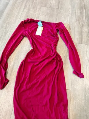 Asymmetrical Off-Shoulder Maxi Dress in Wine thumbnail 9
