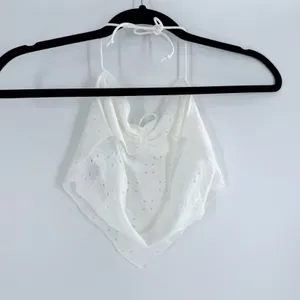 SheIn White Eyelet Halter Crop Top – Lace Tie Front Handkerchief Hem Camisole Size XS thumbnail 3