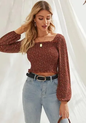 Shein Red Floral Patterned Long Sleeve Top thumbnail 1