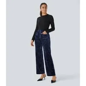 Halara Women Pants S Navy Blue Crushed Velvet Wide Leg High Waist Button Front thumbnail 3