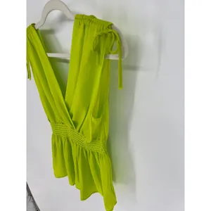 JON & ANNA Peplum Top Women XL Neon Lime Green Tie Shoulder V-Neck Smocked‎ NWT thumbnail 3