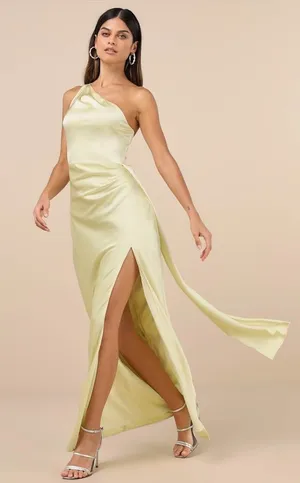 NWT Lulus Signature Elegance Pale Yellow Satin One-Shoulder Maxi Dress Gala Sz S thumbnail 1