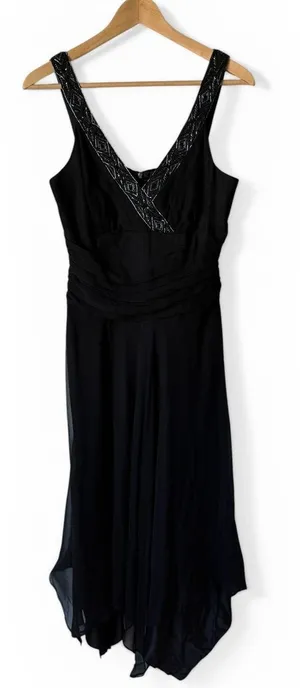 Donna Ricco Y2K Vintage Black Silk Beaded Handkerchief Cocktail Dress Size 8 thumbnail 1