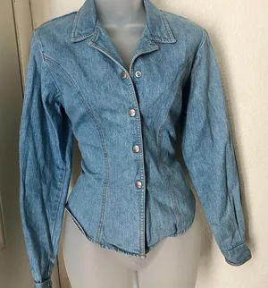 Rough Rider jean denim biker moto jacket fitted long sleeve cut out back. thumbnail 1