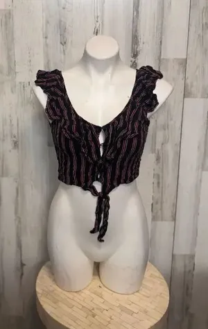Ambiance Striped Ruffle Crop Top Size Medium Tie Front Sleeveless Boho Festival thumbnail 1