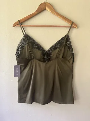 Auden Sz S Lace Trim Satin Pajama Tank Top Olive Green Pullover Cami‎ thumbnail 3