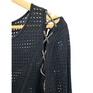 Bebe Lace Up Shoulder Sweater Top XL Black Open Knit Metallic Cage Sleeve NWT thumbnail 2
