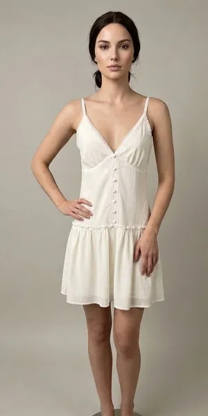 White Lace Trim V-Neck Mini Dress | Button Front Ruffle Hem thumbnail 1