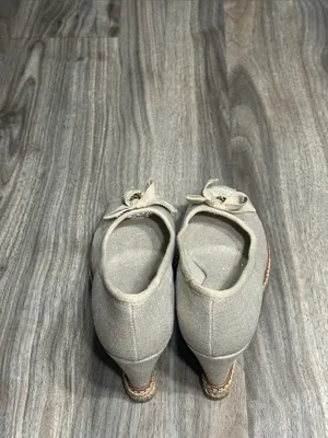 Tory Burch Espadrille Wedge Peep Toe Bow Pumps Metallic Beige. thumbnail 15