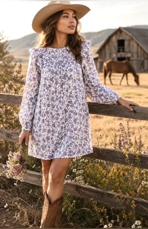 Modcloth Floral Prairie Doll Mini Dress Ruffle Shoulder Purple Blue M NWT thumbnail 1