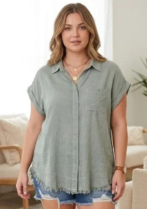 Umgee Green Short Sleeve Frayed Hem Button Down Shirt Small 100%‎ Rayon Boho Top thumbnail 1