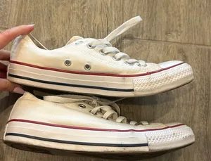 Classic Low-Top Converse Sneakers in Off-White with Red & Navy Trim thumbnail 1