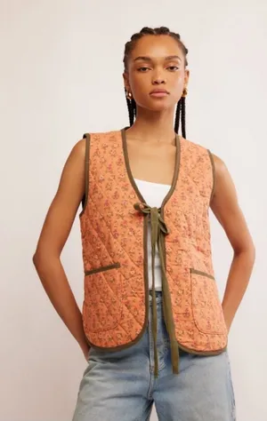 Free People Quilted Floral Peach Tie-Front Vest thumbnail 1