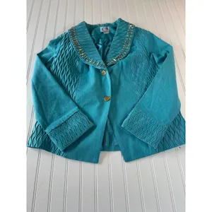 Odeliah Denim Teal Blue Smocked Studded Skirt & Jacket Set Size 16 Vintage Style thumbnail 7