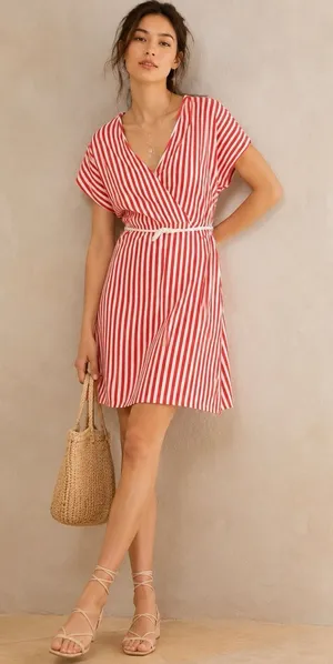 Anthropologie Saturday Sunday Red White Striped Wrap Dress Rope Tie Size S thumbnail 1