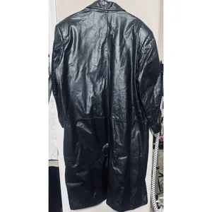 Vtg 90s Global Identity leather Coat womens L black Long 90s Trench Matrix Y2K thumbnail 8