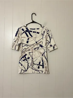 Lauren Ralph Lauren Belt Print Boatneck Top Navy Cream Equestrian Stretch Tee S thumbnail 13