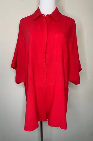 Entro Red Romper Sz Large Boho Casual Loungewear Linen Blend thumbnail 1