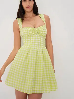 For Love & Lemons August Mini Dress Medium Lime Green White Gingham thumbnail 2
