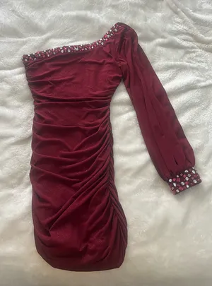 One-Sleeved Red Shimmer Dress Short Mini thumbnail 1