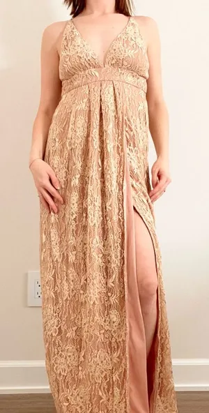 Lulus Stolen Moments Elegant Lace Maxi Dress in Nude thumbnail 1