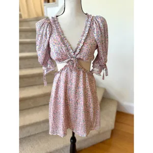 For Love & Lemons Phoebe Pink Floral Puff Sleeve Milk Maid Mini Dress Fairy thumbnail 2