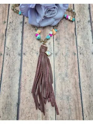 Handmade Bohemian Style Beaded Necklace Colorful Stone & Brown Leather Tassel Pendant 32" thumbnail 2