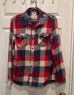 Vans Plaid Flannel Shirt Long Sleeve‎ Button Up Red Blue Cream Mens Large Y2K thumbnail 1