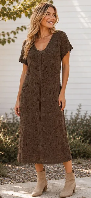 Universal Thread Brown Crochet Midi Dress‎ Womens Medium NWT Cotton Pointelle thumbnail 1