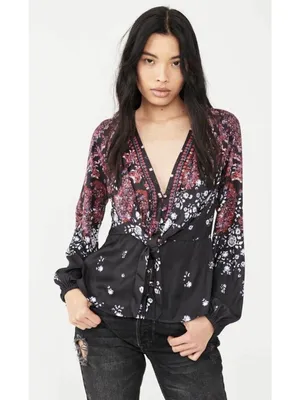 Free People Run Free Blouse Top Size Medium Tie Front Floral Button Front READ thumbnail 2