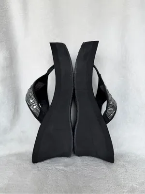 Skechers Black Wedge Flip Flops with Silver Rhinestone Straps Size 6 thumbnail 6