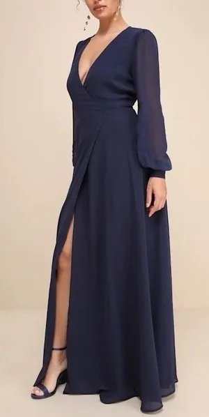 Lulus My Whole Heart‎ Wrap Dress Womens Medium Midnight Blue Long Sheer Sleeves thumbnail 1