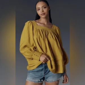 Anthropologie Maeve Boho Smocked Sleeve Square Neck Blouse Gold/Mustard thumbnail 3