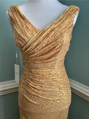 Gold Sequin Ruched V-Neck Prom Gown thumbnail 3