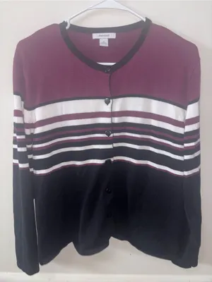 dressbarn Burgundy, Black & White Striped Button Cardigan thumbnail 1